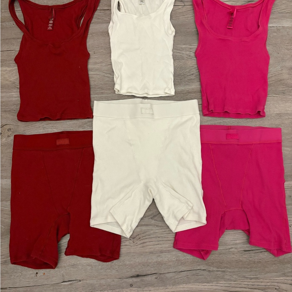 SKIMS Ribbed Tank & Bike Short Set — Red, White, Pink